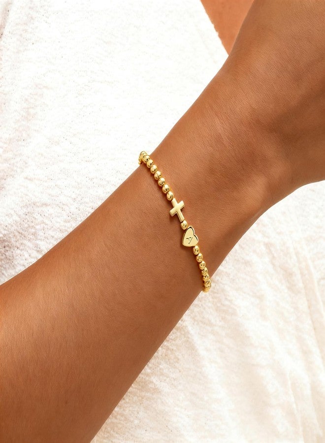 TLY Cross Bracelets for Women Initial Beaded Stretch Elastic Heart Bracelet 14K Gold Plated Dainty Trendy Friendship Bracelets Stack Stocking Stuffers for Women Teens A-Z Letter Charm Bracelet Christmas Gifts - Image 2